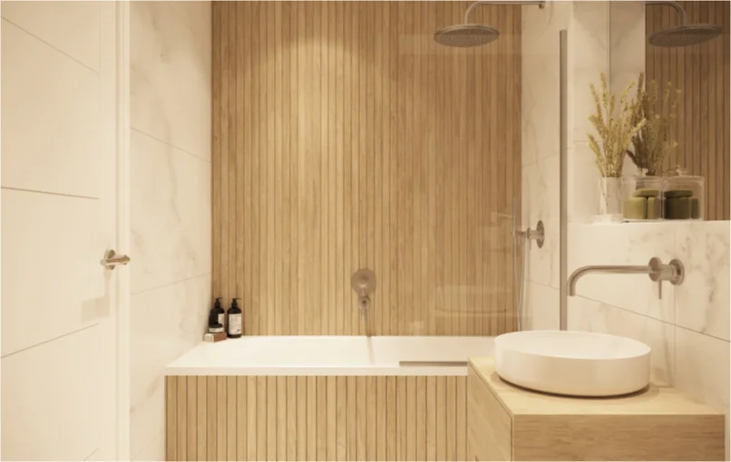 This image depicts the bathroom with a wooden wall and marble basin.